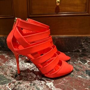 JIMMY CHOO Dame Caged Leather Sandal, Neon Flame